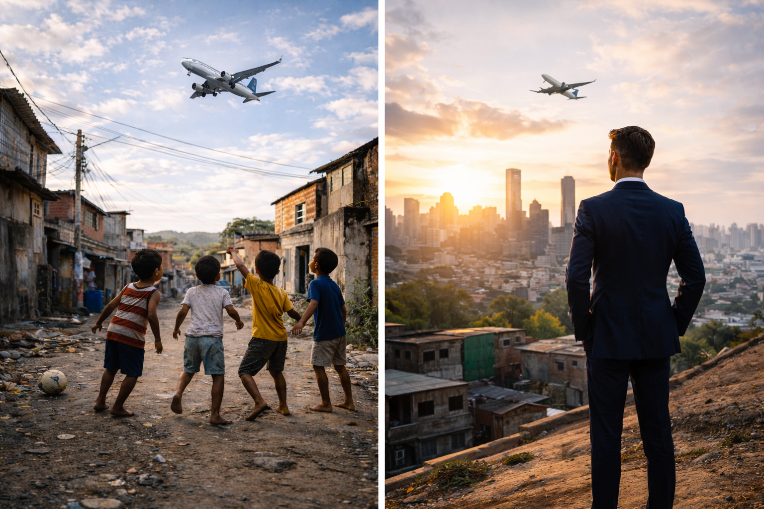 enfants jouant au football dans un quartier populaire et homme en costume regardant un avion dans le ciel symbolisant l'évolution et le rêve