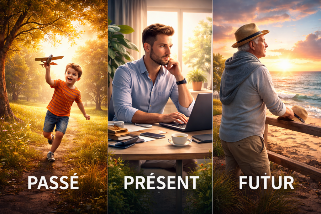 passé présent futur enfant adulte personne âgée représentant les étapes de la vie