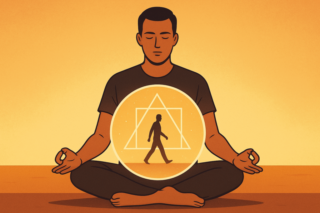 Une personne en méditation sur une plage au coucher du soleil, observant une sphère lumineuse flottante contenant des formes géométriques (cercle, triangle, rectangle) et la silhouette d’un être humain en transformation.