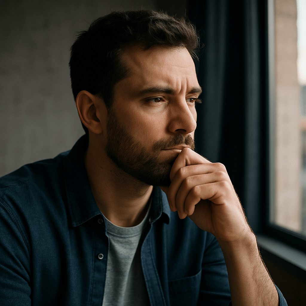 Homme pensif en pleine concentration illustrant les 3 changements mentaux pour réussir plus facilement dans la vie
