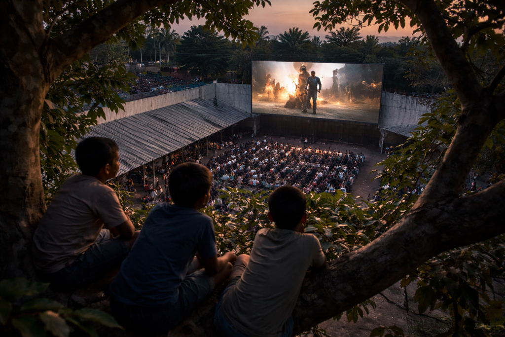 alt="personne ne viendra te sauver enfants dans un arbre regardant un film dans un cinéma"